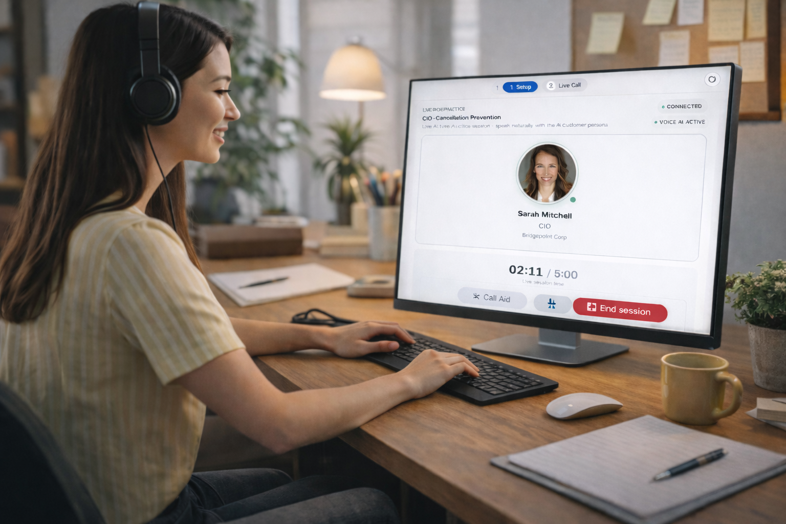 Sales professional practicing with AI-powered roleplay training